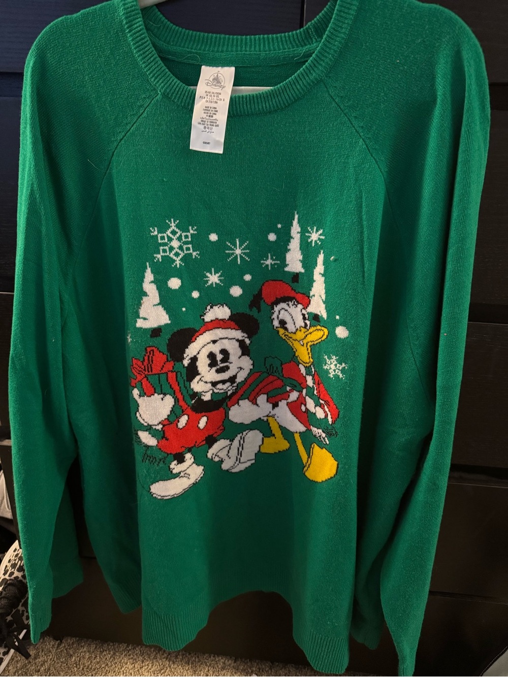 Disney Green Crewneck Sweater with Mickey & Donald Holiday Graphic